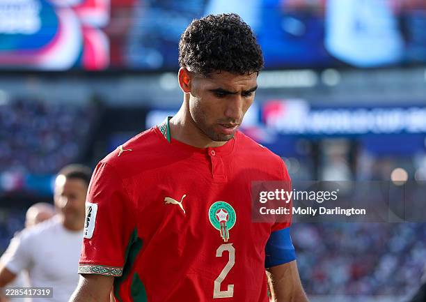 Achraf Hakimi of Morocco shows dejection after the 0-2 loss during the FIFA World Cup 2026 Quarter Final match between France and Morocco at Boston...
