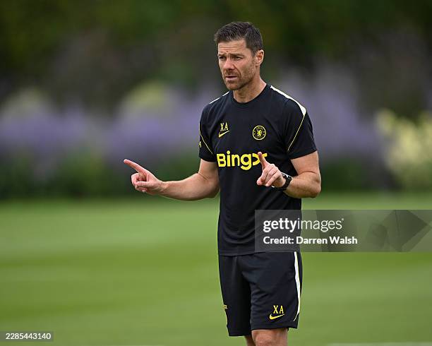 Manager Xabi Alonso of Chelsea reacts during a training session at Chelsea Training Ground on July 14, 2026 in Cobham, United Kingdom.