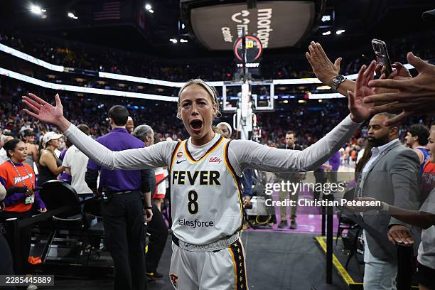 Sophie Cunningham of the Indiana Fever reacts after defeating the Phoenix Mercury in the WNBA game at Mortgage Matchup Center on July 09, 2026 in...