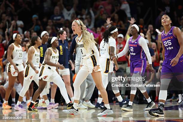 Sophie Cunningham of the Indiana Fever celebrates after defeating the Phoenix Mercury following the WNBA game at Mortgage Matchup Center on July 09,...