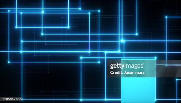 neon circuitry and tech grid on dark background - myelinated axon stock pictures, royalty-free photos & images