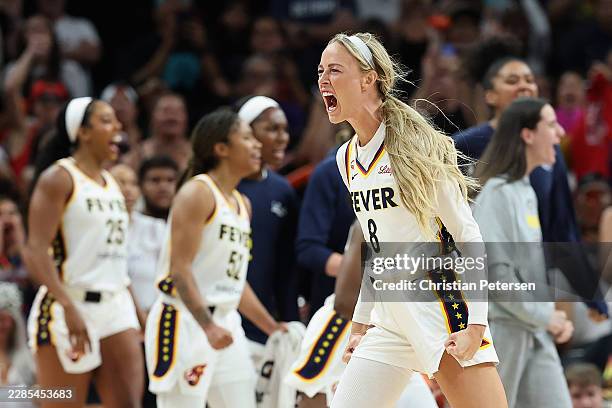 Sophie Cunningham of the Indiana Fever celebrates after defeating the Phoenix Mercury following the WNBA game at Mortgage Matchup Center on July 09,...