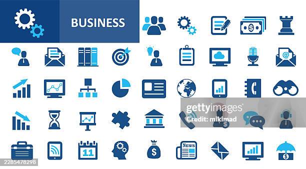 business and management icon set. flat blue vector collection - two colors stock illustrations
