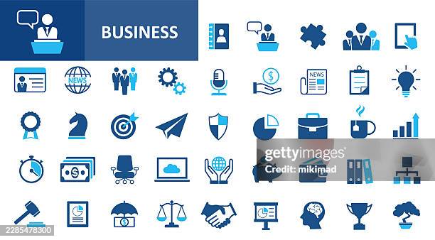 business and success icon set. flat blue vector collection - corporate finance stock illustrations