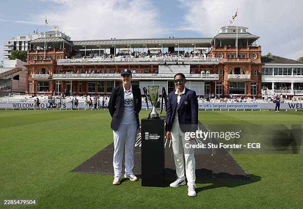 England captain Nat Sciver-Brunt and India captain Harmanpreet Kaur pictured prior to day one of the 1st Women's Rothesay Test Match between England...