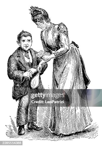 Expressive narrative print capturing a structured interaction between an elegant lady and a young boy holding game paddles Expressive narrative print capturing a structured interaction between an elegant lady and a young boy holding game paddles
