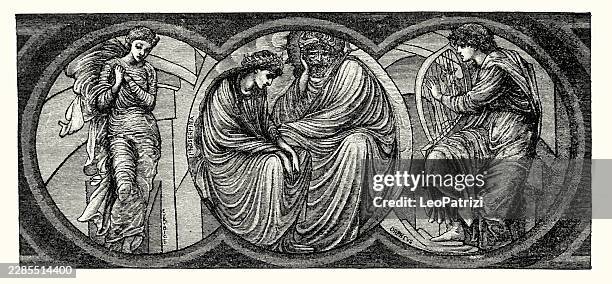 orpheus playing his lyre before proserpine and pluto to rescue eurydice from the underworld - persephone stock illustrations