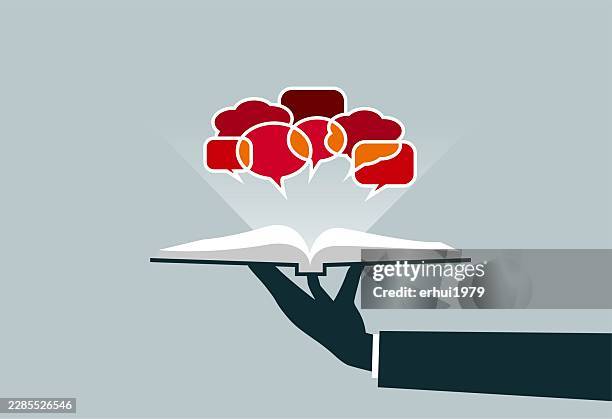 knowledge exchange - hand holding open book stock illustrations