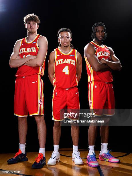 Henri Veesaar, Kingston Flemings and Zuby Ejiofer of the Atlanta Hawks poses for a portrait during the 2026 NBA Rookie Photo Shoot on July 14, 2026...