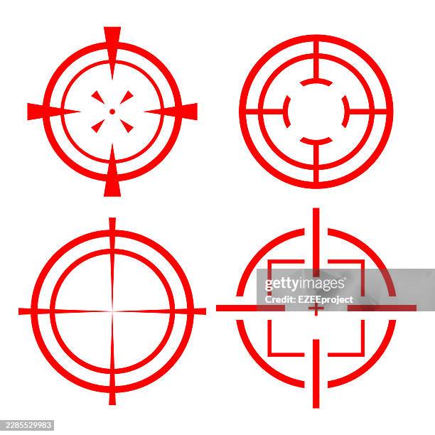 red target crosshair icon set. sniper aim reticle icons collection vector illustration. shooting target focus crosshair symbol set. red aiming scope target icons for game design - military target stock illustrations