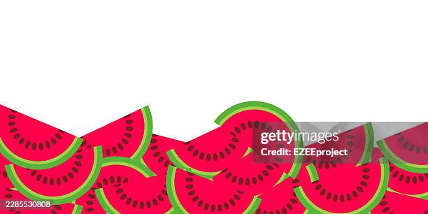 fresh watermelon slices border background. summer watermelon fruit frame border illustration. juicy watermelon seamless border background vector. red watermelon slice border for food menu design - melon slice stock illustrations