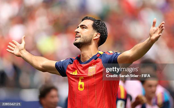 Mikel Merino of Spain celebrates scoring his team's second goal during the FIFA World Cup 2026 Quarter Final match between Spain and Belgium at Los...
