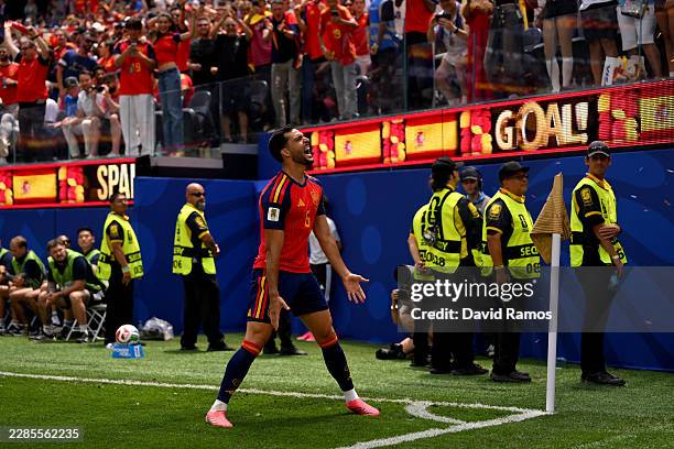 Mikel Merino of Spain celebrates scoring his team's second goal during the FIFA World Cup 2026 Quarter Final match between Spain and Belgium at Los...
