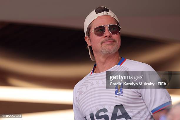 American actor and film producer Brad Pitt looks on during the FIFA World Cup 2026 Quarter Final match between Spain and Belgium at Los Angeles...