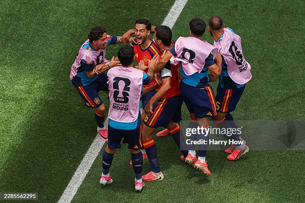 Mikel Merino of Spain celebrates with teammates after scoring the team's second goal during the FIFA World Cup 2026 Quarter Final match between Spain...