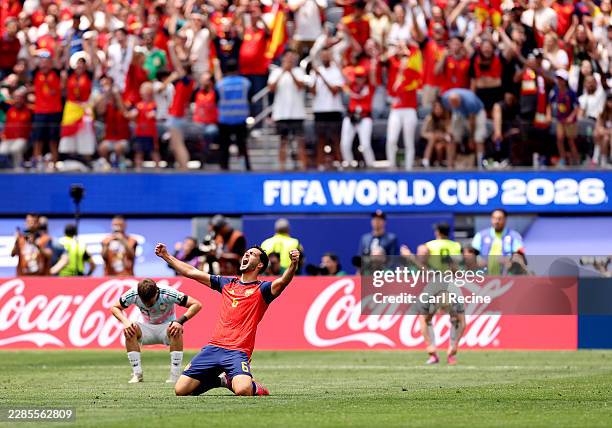 Mikel Merino of Spain celebrates after the 2-1 victory during the FIFA World Cup 2026 Quarter Final match between Spain and Belgium at Los Angeles...