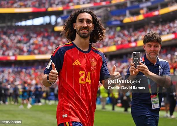 Marc Cucurella of Spain celebrates after the 2-1 victory during the FIFA World Cup 2026 Quarter Final match between Spain and Belgium at Los Angeles...
