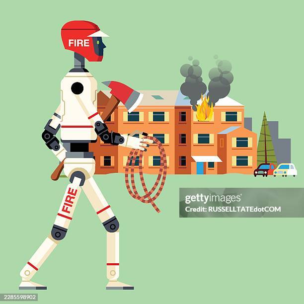 artificial intelligence firefighter robot responding to residential building fire - fire prevention stock illustrations