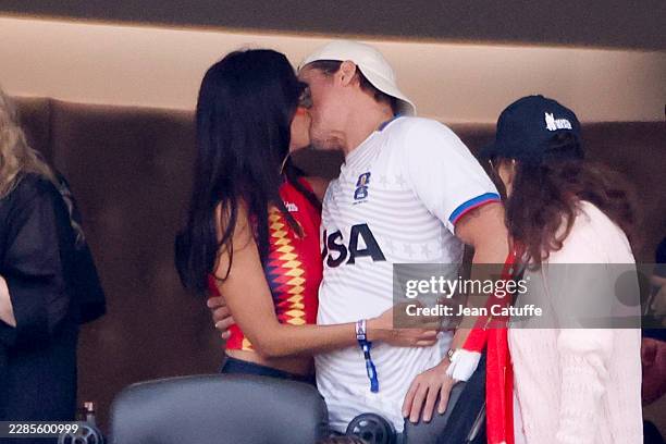 Ines de Ramon and Brad Pitt kissing during the FIFA World Cup 2026 Quarter Final football match between Spain and Belgium at Los Angeles Stadium on...