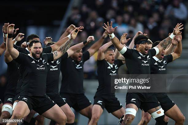 The All Blacks perform the haka during the Nations Championship match between New Zealand All Blacks and Italy at Hnry Stadium on July 11, 2026 in...