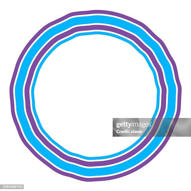 three concentric hand-drawn circular outlines in blue and purple on a white background, forming a clean minimalist ring pattern with uneven organic edges. - tree ring stock illustrations