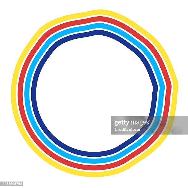 colorful concentric hand-drawn rings form an uneven circular frame on a white background, using yellow, red, cyan, and dark blue bands with a clean minimalist look. - ring light stock illustrations