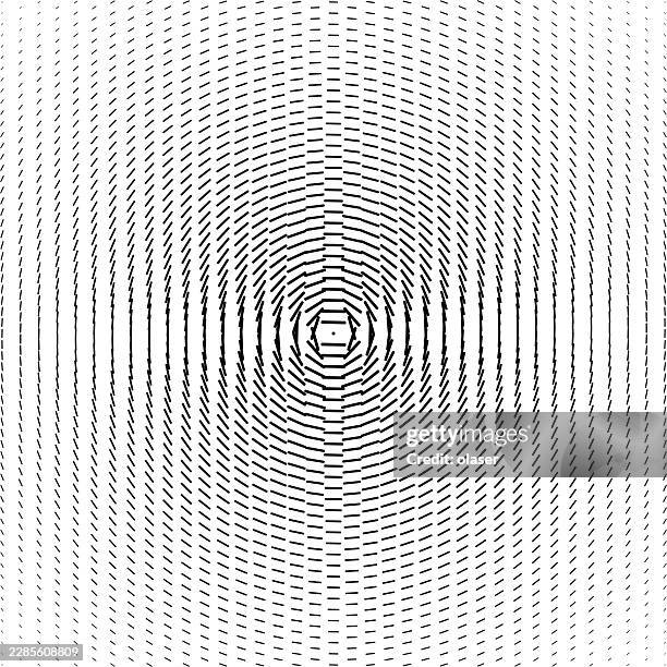 black curved line segments form concentric rings around a small central hexagon on a white background, creating a precise geometric pattern with strong radial symmetry. - spiral binding stock illustrations