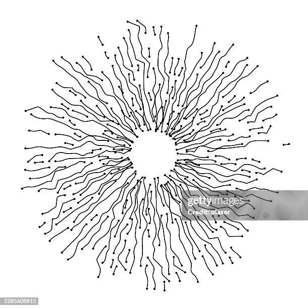 black wavy lines radiate outward from a central white circle on a plain white background, creating a circular burst pattern with a delicate hand-drawn look. - tangle pattern stock illustrations