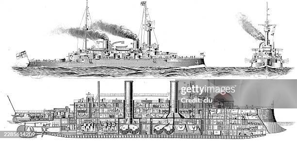 german first-class battleship kaiser friedrich iii — side view, stern view and longitudinal cutaway reveal the armored warship, twin funnels, heavy guns, engines, boilers and internal compartments - decking stock illustrations
