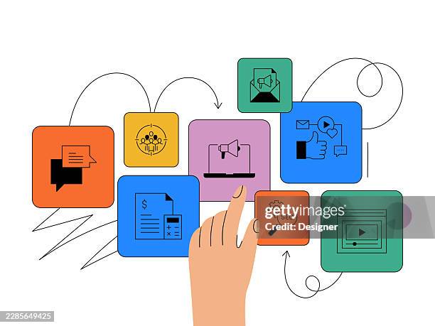 marketing related vector illustration. analysis, customer, strategy, audience, digital marketing, promotion - omnichannel stock illustrations