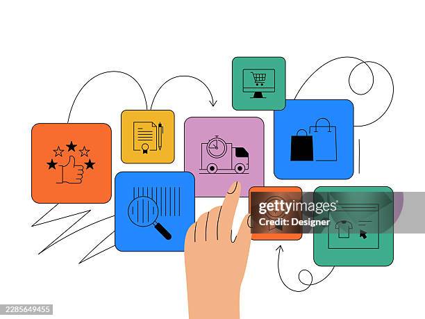 online shopping related vector illustration. internet, product, e-commerce, purchase, customer, delivery - customer loyalty program stock illustrations