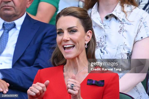 Catherine, Princess of Wales celebrates during day thirteen of the 2026 Wimbledon Tennis Championships at the All England Lawn Tennis and Croquet...