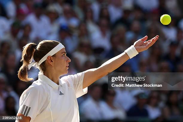 Karolina Muchova of Czechia serves against Linda Noskova of Czechia during their Ladies' Singles final match on day thirteen of The Championships...