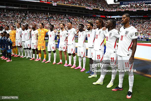 Players of England line up for the national anthem before the FIFA World Cup 2026 Quarter Final match between Norway and England at Miami Stadium on...