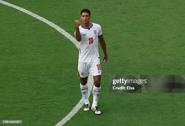Jude Bellingham of England celebrates scoring his team's first goal during the FIFA World Cup 2026 Quarter Final match between Norway and England at...