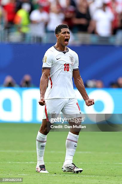 Jude Bellingham of England celebrates scoring his team's first goal during the FIFA World Cup 2026 Quarter Final match between Norway and England at...