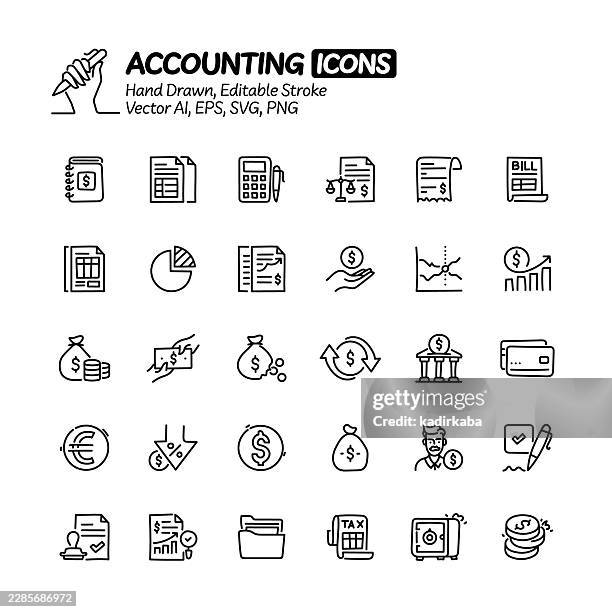 accounting hand drawn doodle line icon set. editable stroke vector icons. - spreadsheet calculator stock illustrations