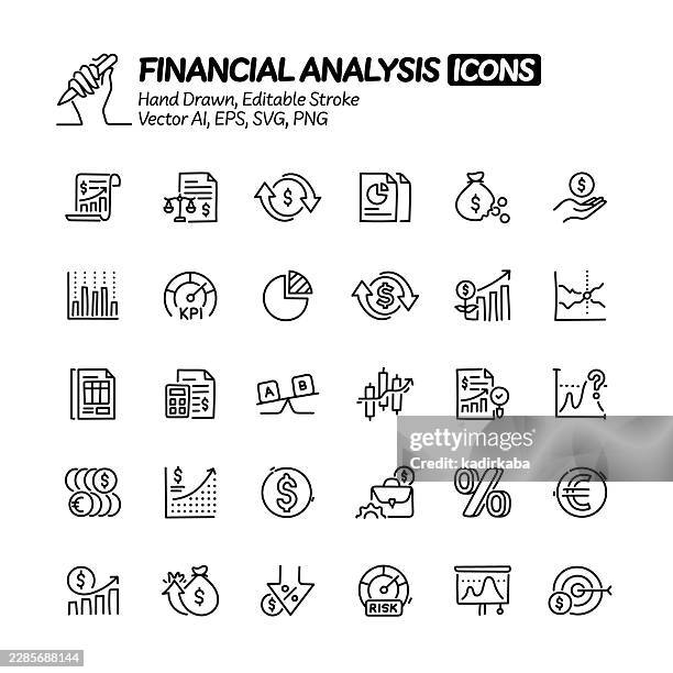 financial analysis hand drawn doodle line icon set. editable stroke vector icons. - spreadsheet calculator stock illustrations