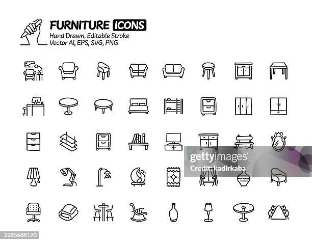 furniture hand drawn doodle line icon set. editable stroke vector icons. - bunk bed stock illustrations