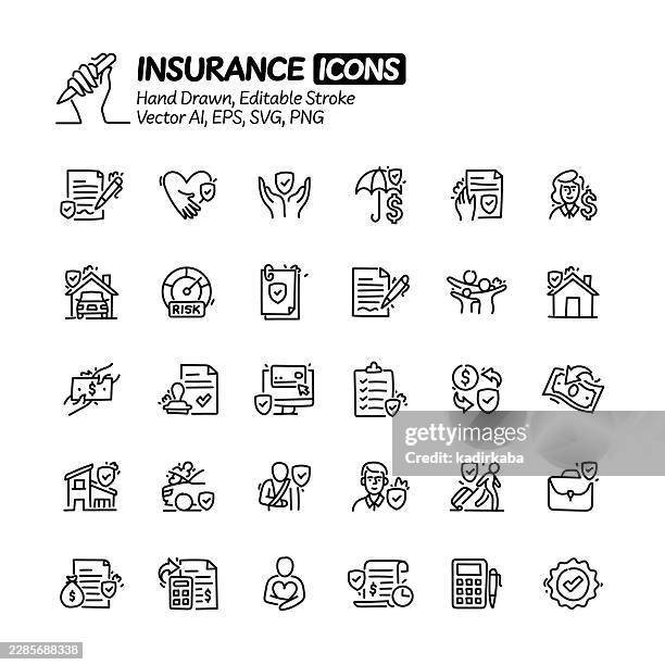 insurance hand drawn doodle line icon set. editable stroke vector icons. - underwriting stock illustrations