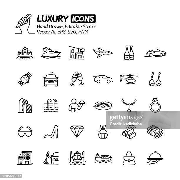 luxury hand drawn doodle line icon set. editable stroke vector icons. - infinity pool stock illustrations