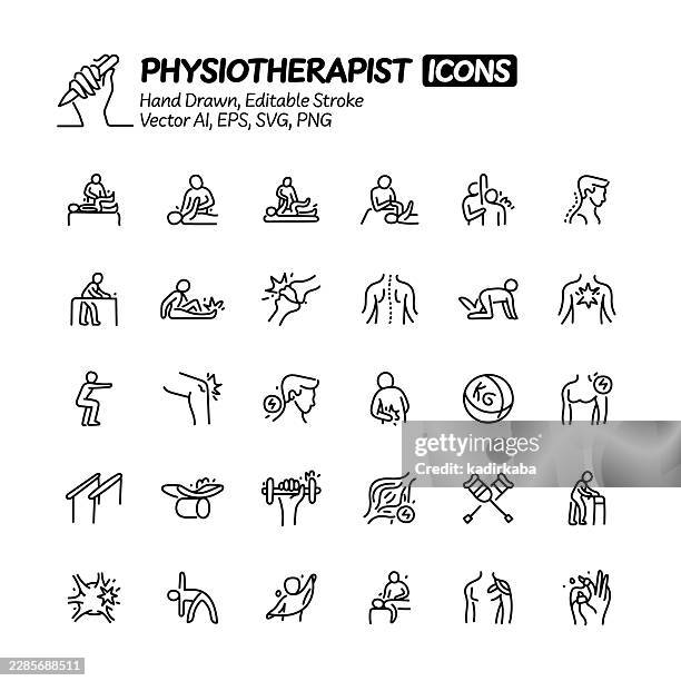 ilustraciones, imágenes clip art, dibujos animados e iconos de stock de conjunto de iconos de línea de garabato dibujado a mano por fisioterapeuta. iconos de vectores de trazo editables. - centro de rehabilitación