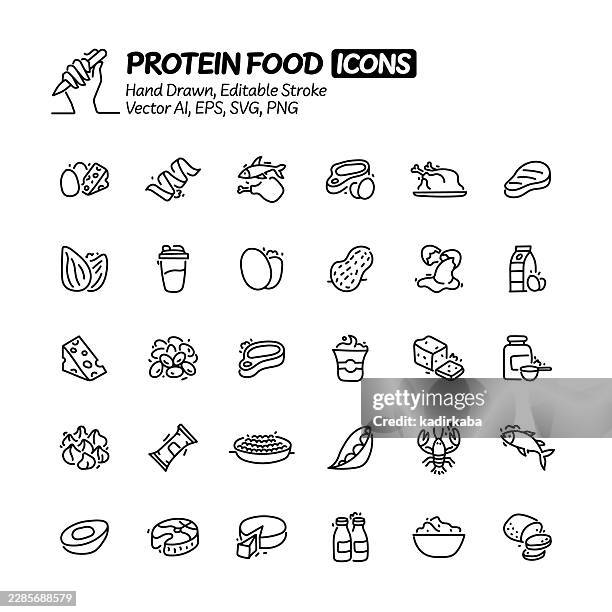 ilustraciones, imágenes clip art, dibujos animados e iconos de stock de conjunto de iconos de línea de garabato dibujados a mano para alimentos proteicos. iconos de vectores de trazo editables. - barra de cereal