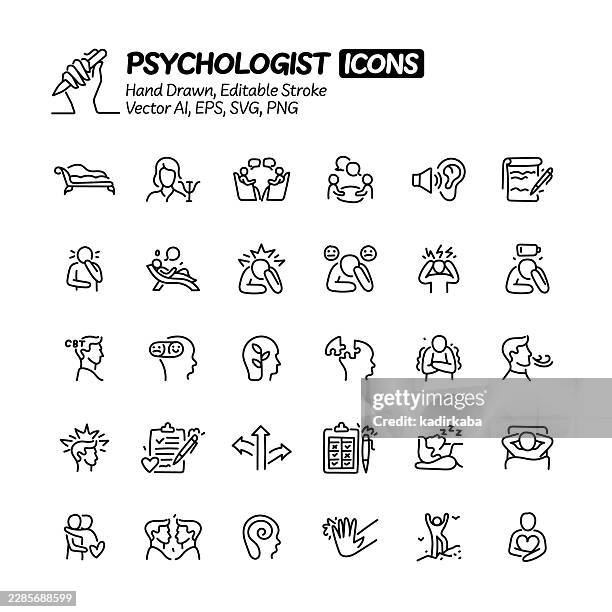 ilustrações de stock, clip art, desenhos animados e ícones de psychologist hand drawn doodle line icon set. editable stroke vector icons. - fobia