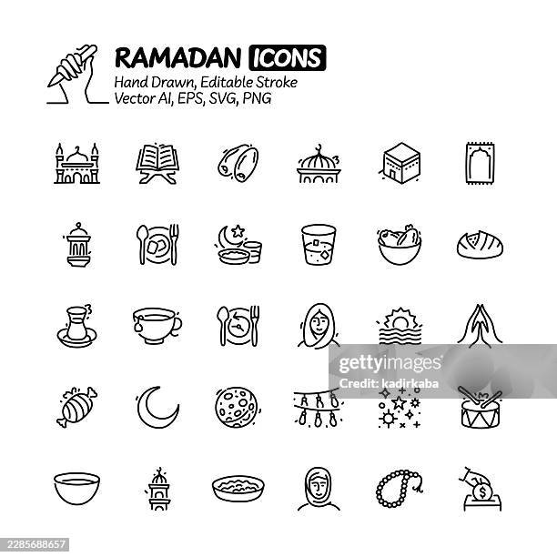 ramadan hand drawn doodle line icon set. editable stroke vector icons. - new moon stock illustrations