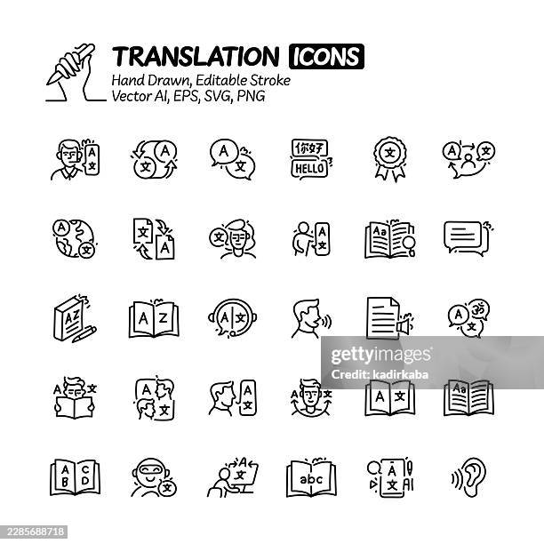 translation hand drawn doodle line icon set. editable stroke vector icons. - translation services stock illustrations
