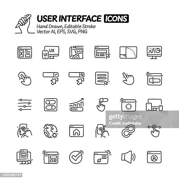 user interface hand drawn doodle line icon set. editable stroke vector icons. - loading screen stock illustrations