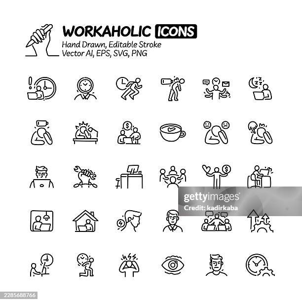 workaholic hand drawn doodle line icon set. editable stroke vector icons. - bad posture stock illustrations