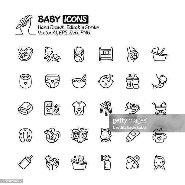 baby hand drawn doodle line icon set. editable stroke vector icons. - newborn kitten stock illustrations