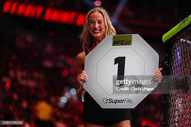 Sophie Cunningham announces a round in a lightweight fight during the UFC 329 event at T-Mobile Arena on July 11, 2026 in Las Vegas, Nevada.